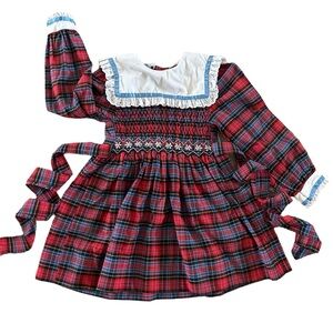 Vintage (w/Flaws) 3T Smocked Plaid Dress STH 20” Blue Red Long Sleeve Daisies
